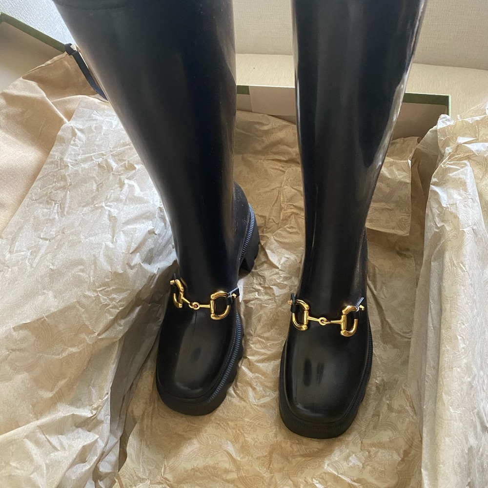 Gucci Horse Bit Black Rain Boots with Gold Accents